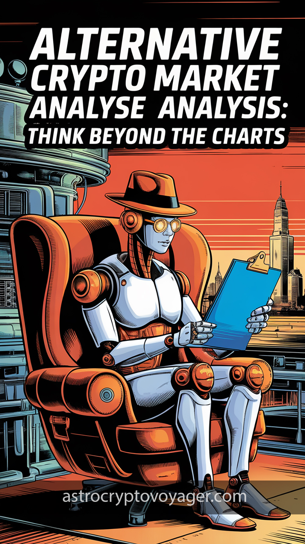 Comic book style, black and white with orange accents: Text on the image: "Alternative Crypto Market Analysis Think Beyond the Charts"